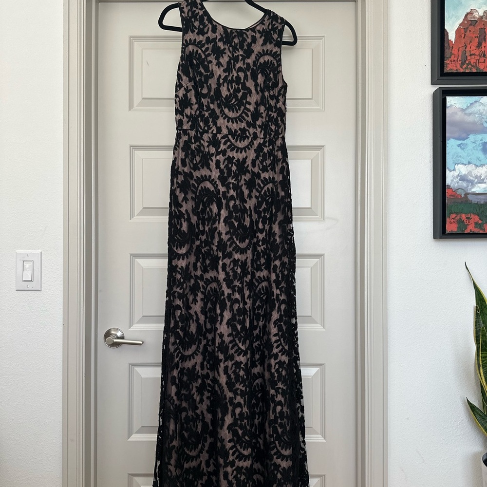 Adrianna Papell Black and Gray Maxi Gown for Weddings, Black Tie Events, Elegant